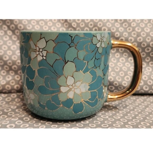 Thyme & Table Teal and Gold Stoneware Succulent Pattern Mug - Picture 1 of 7